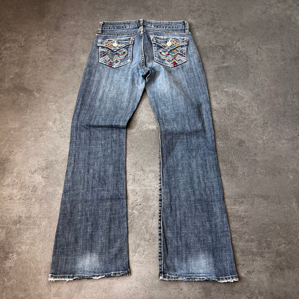 Vintage Japan Style Bootcut Jeans Damen Dunkelblau mit bunter Stickerei – S