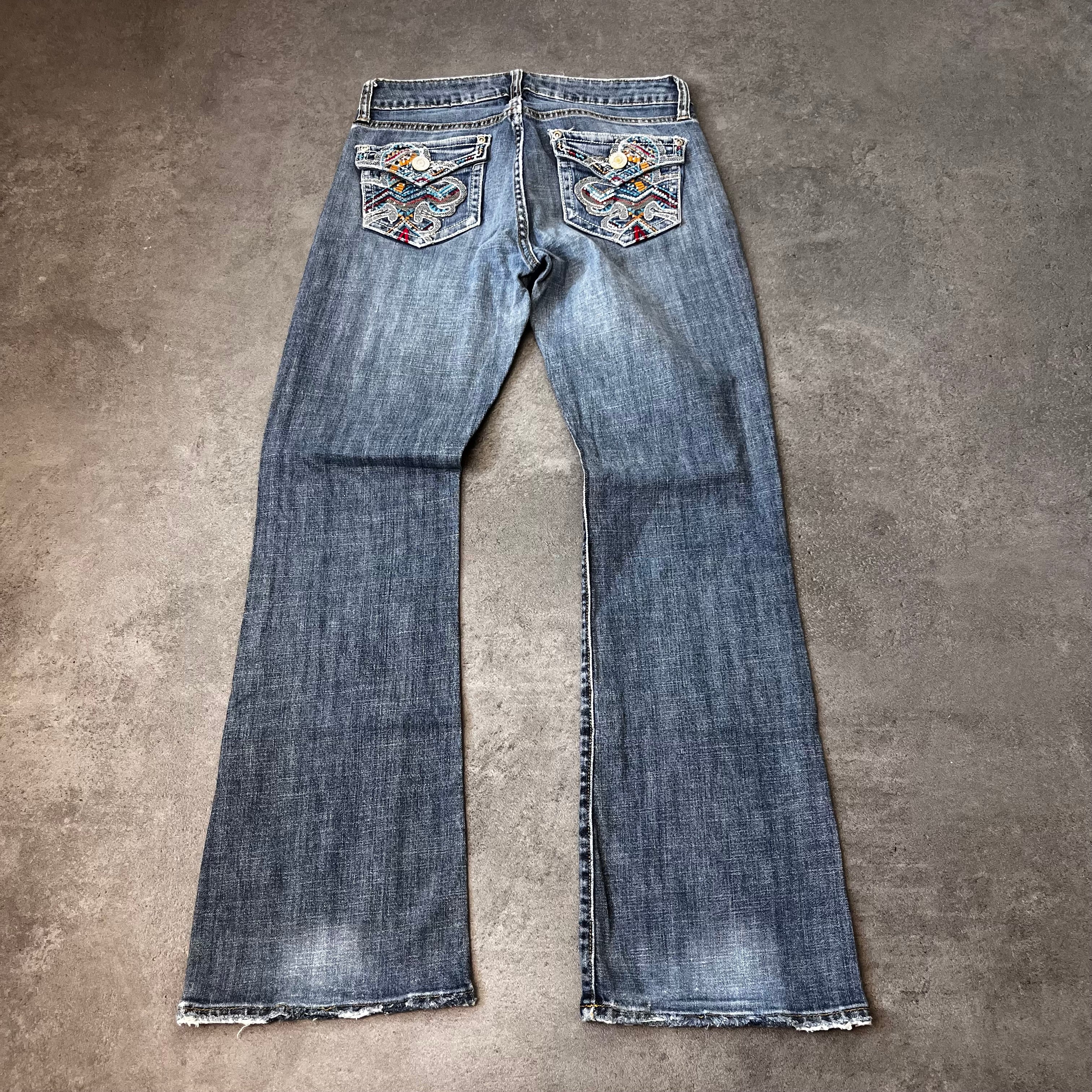 Vintage Japan Style Bootcut Jeans Damen Dunkelblau mit bunter Stickerei – S