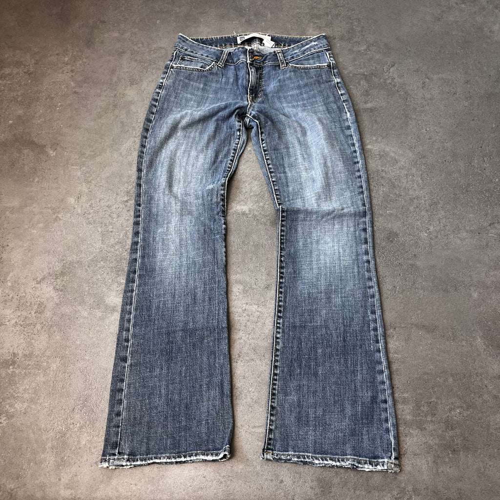 Vintage Japan Style Bootcut Jeans Damen Dunkelblau mit bunter Stickerei – S