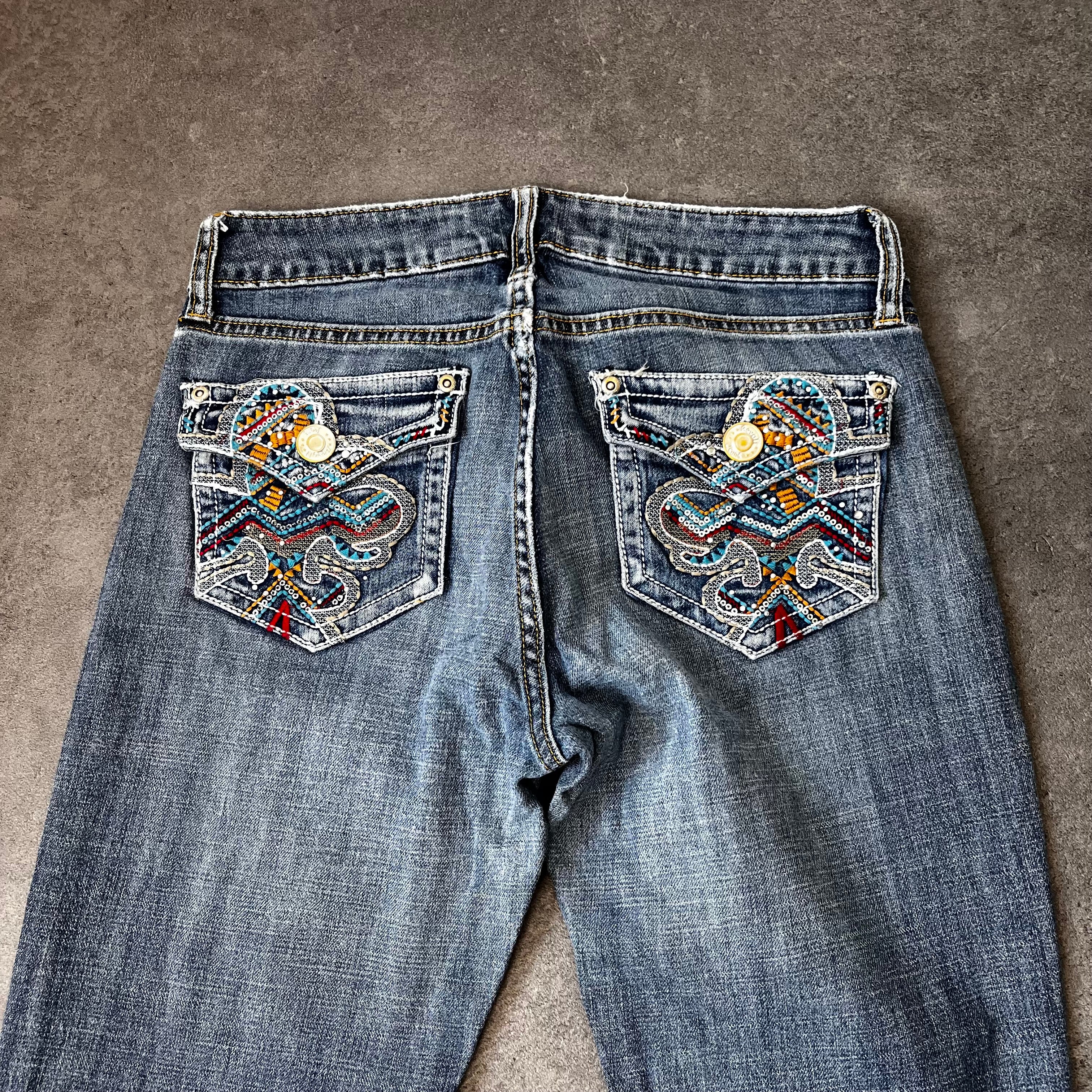 Vintage Japan Style Bootcut Jeans Damen Dunkelblau mit bunter Stickerei – S