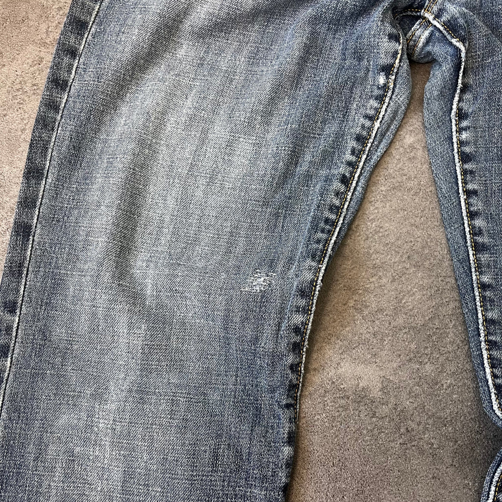 Vintage Japan Style Bootcut Jeans Damen Dunkelblau mit bunter Stickerei – S