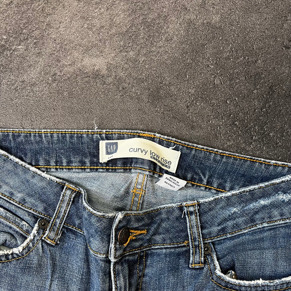 Vintage Japan Style Bootcut Jeans Damen Dunkelblau mit bunter Stickerei – S