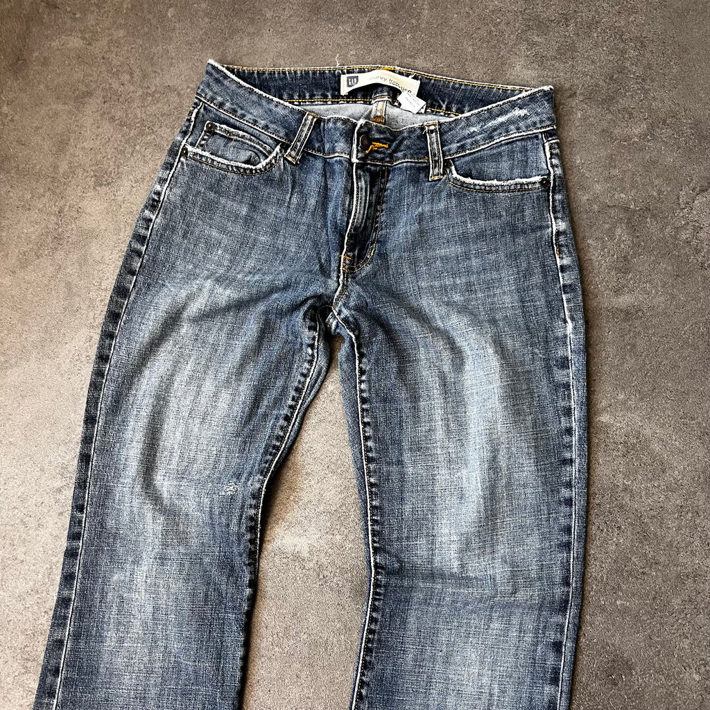 Vintage Japan Style Bootcut Jeans Damen Dunkelblau mit bunter Stickerei – S