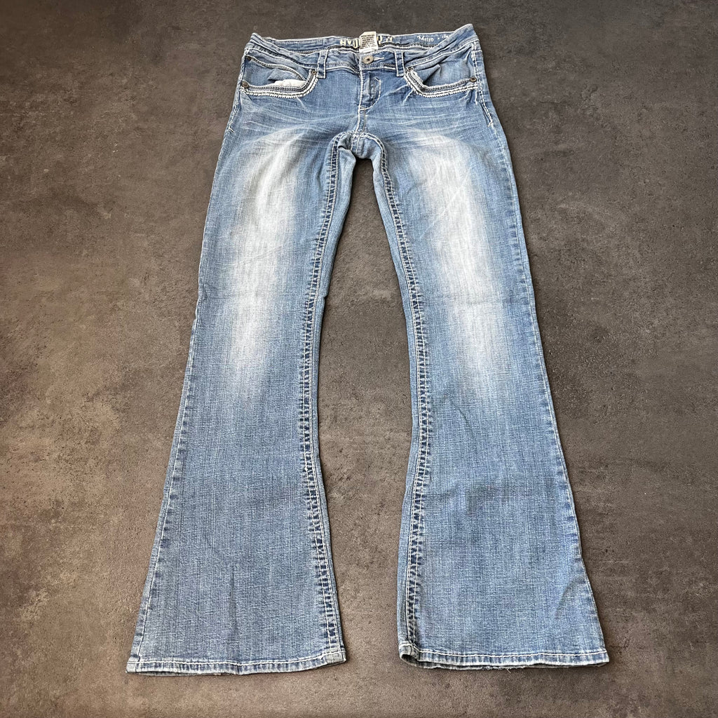 Vintage Y2K Bootcut Jeans Damen Hellblau mit Flügel-Stickerei – L