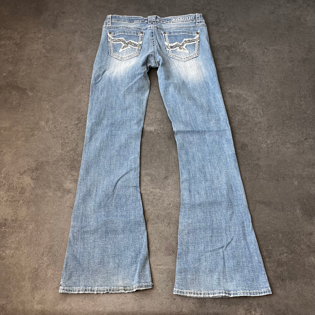 Vintage Y2K Bootcut Jeans Damen Hellblau mit Flügel-Stickerei – L