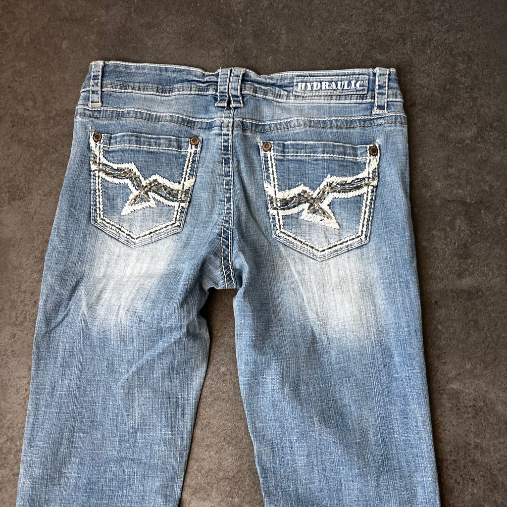 Vintage Y2K Bootcut Jeans Damen Hellblau mit Flügel-Stickerei – L