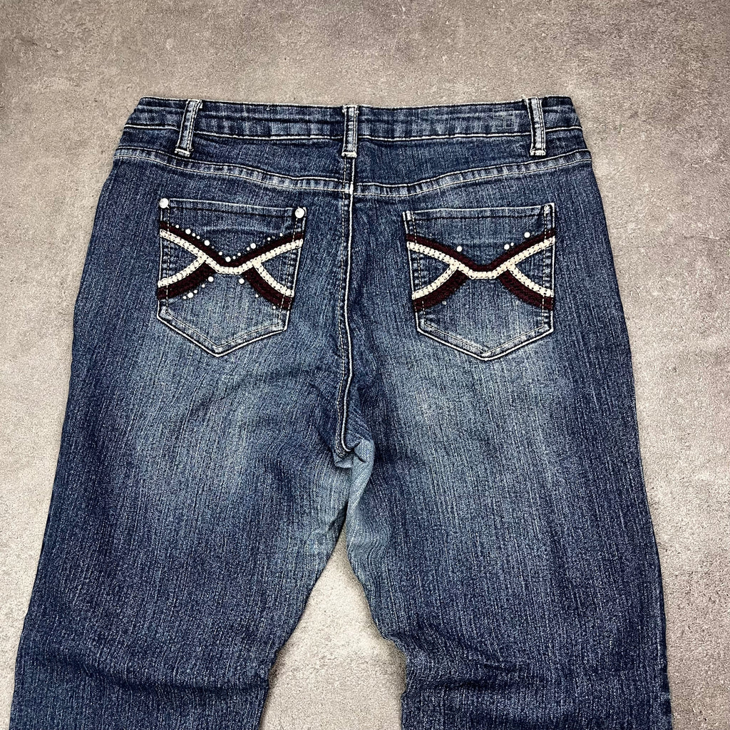Vintage Japan Style Flare Jeans Damen Dunkelblau mit X-Stickerei – L