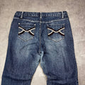 Vintage Japan Style Flare Jeans Damen Dunkelblau mit X-Stickerei – L