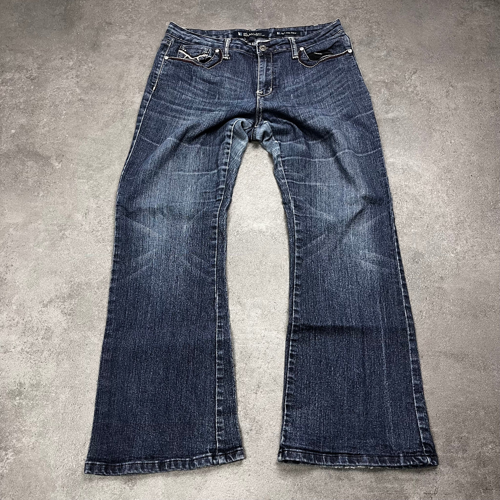 Vintage Japan Style Flare Jeans Damen Dunkelblau mit X-Stickerei – L