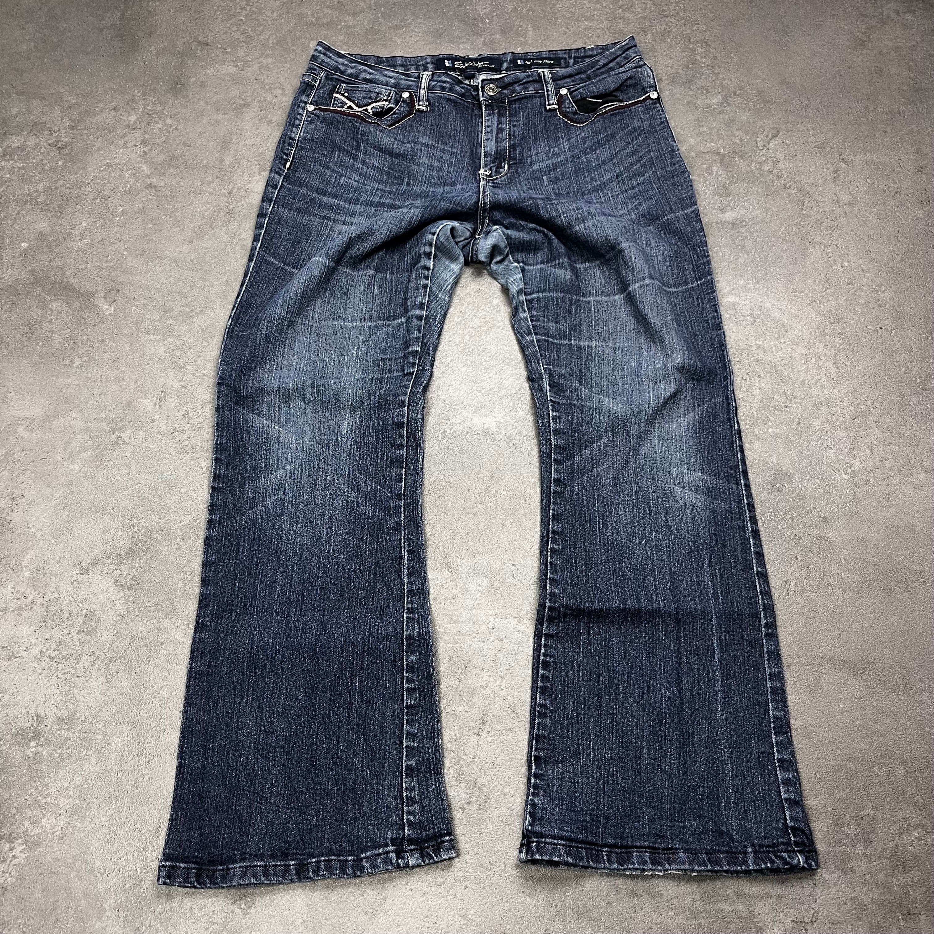 Vintage Japan Style Flare Jeans Damen Dunkelblau mit X-Stickerei – L