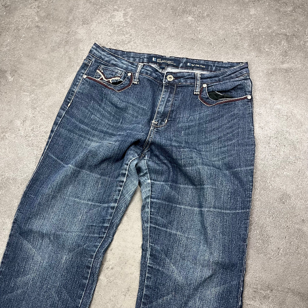 Vintage Japan Style Flare Jeans Damen Dunkelblau mit X-Stickerei – L