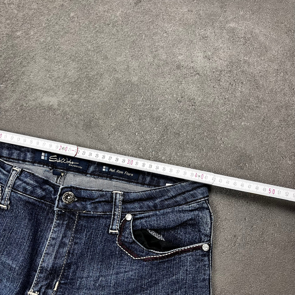 Vintage Japan Style Flare Jeans Damen Dunkelblau mit X-Stickerei – L