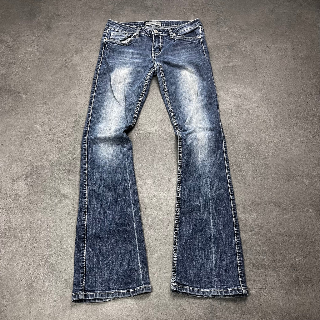 Vintage Japan Style Bootcut Jeans Damen Dunkelblau mit Stickerei – XS