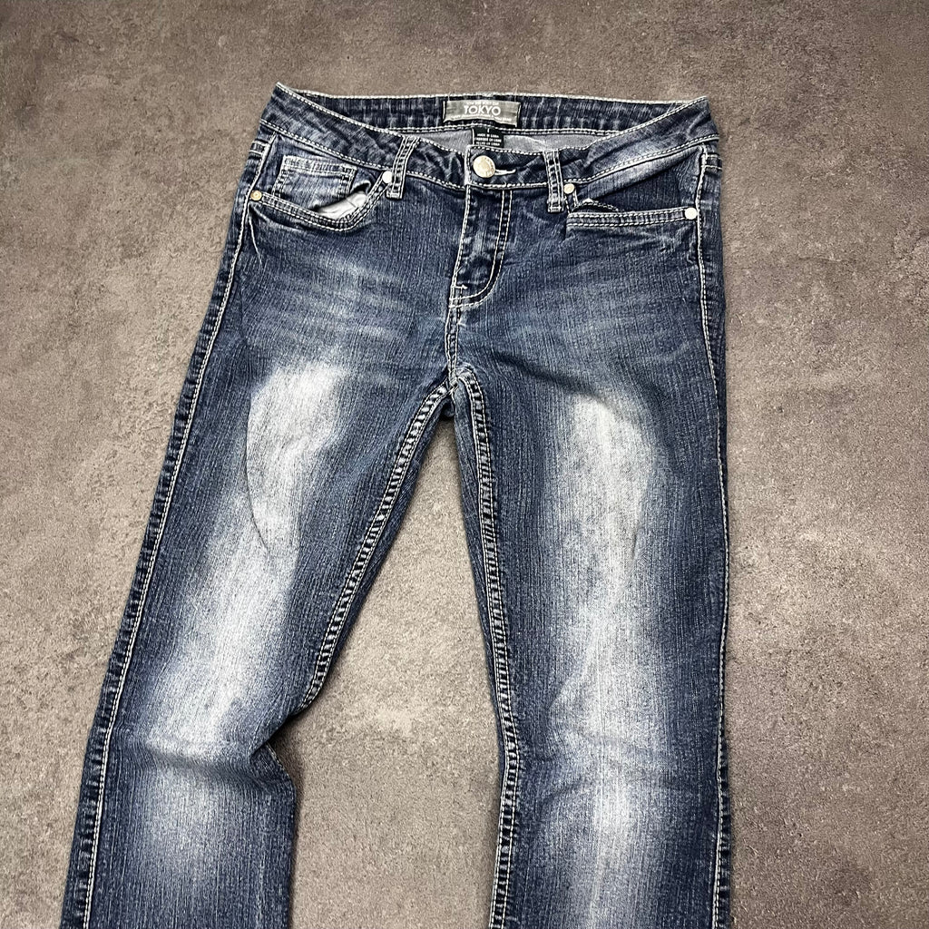 Vintage Japan Style Bootcut Jeans Damen Dunkelblau mit Stickerei – XS