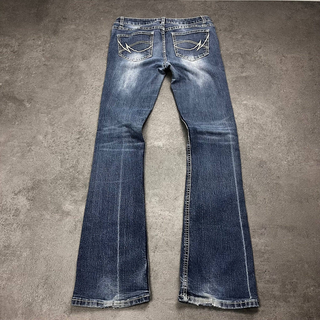 Vintage Japan Style Bootcut Jeans Damen Dunkelblau mit Stickerei – XS