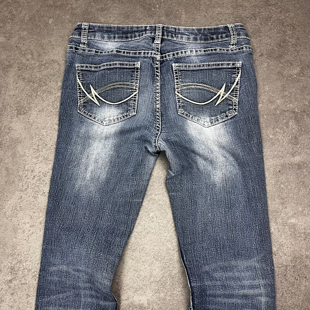 Vintage Japan Style Bootcut Jeans Damen Dunkelblau mit Stickerei – XS