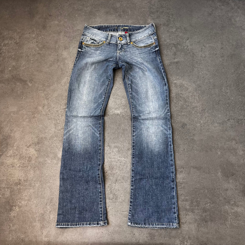 Vintage Guess Bootcut Jeans Damen Mittelblau mit Gold-Stickerei – S