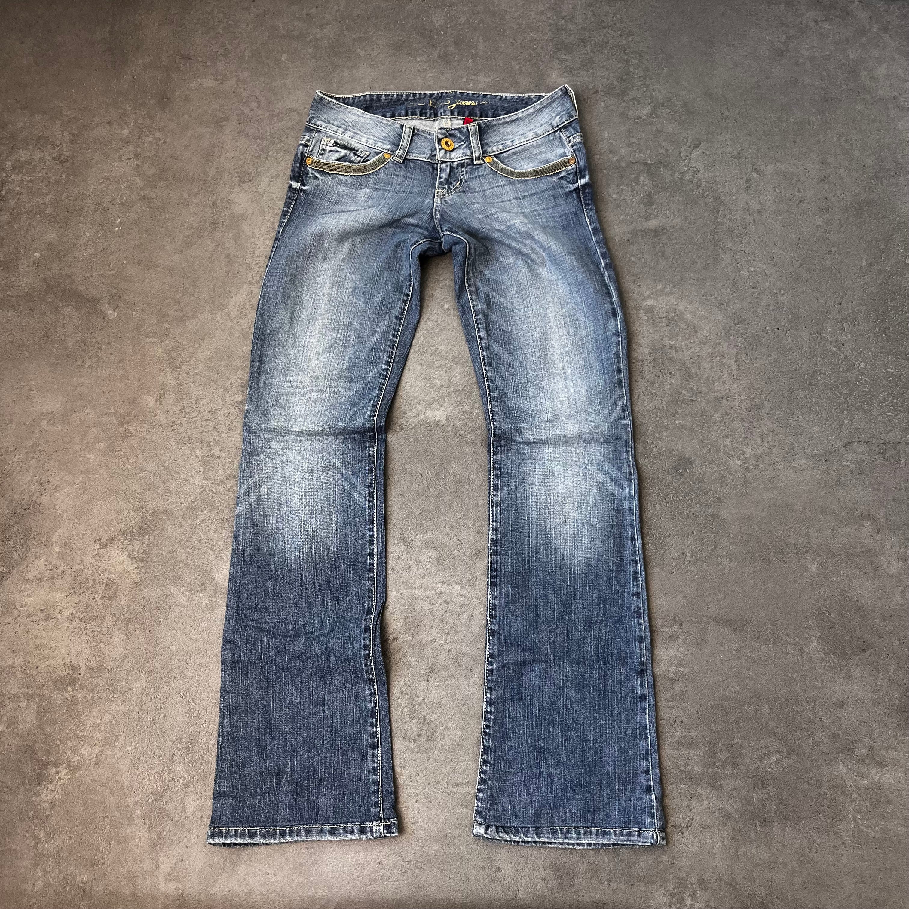 Vintage Guess Bootcut Jeans Damen Mittelblau mit Gold-Stickerei – S