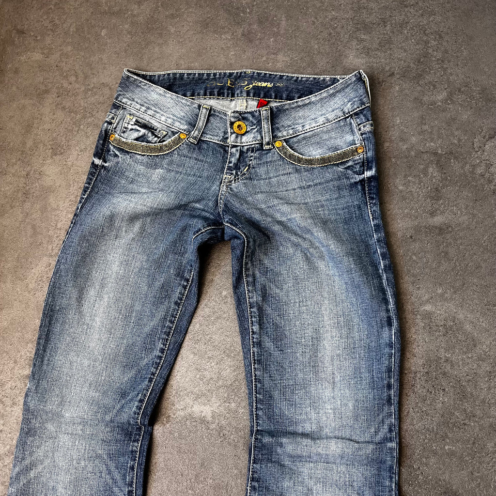 Vintage Guess Bootcut Jeans Damen Mittelblau mit Gold-Stickerei – S