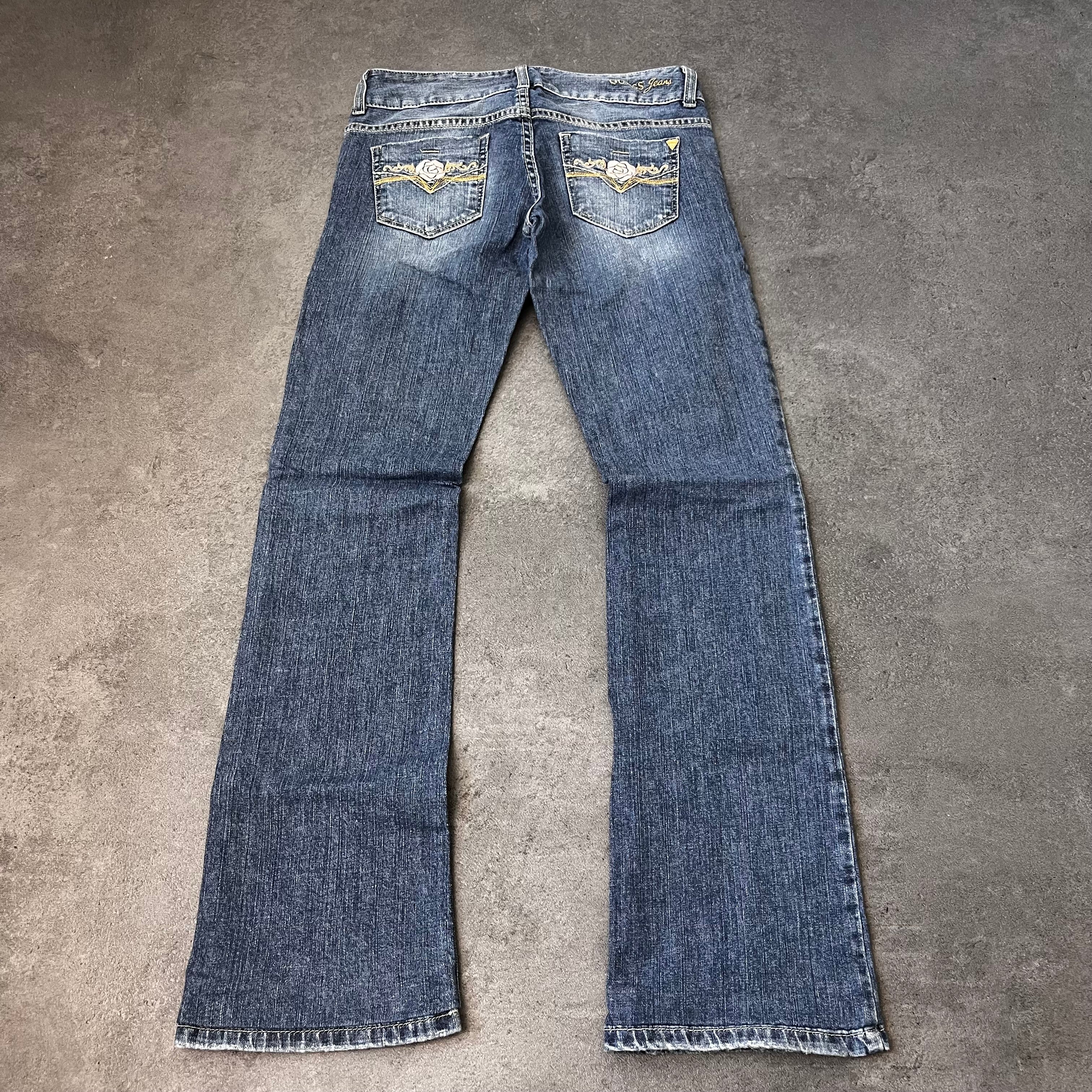 Vintage Guess Bootcut Jeans Damen Mittelblau mit Gold-Stickerei – S