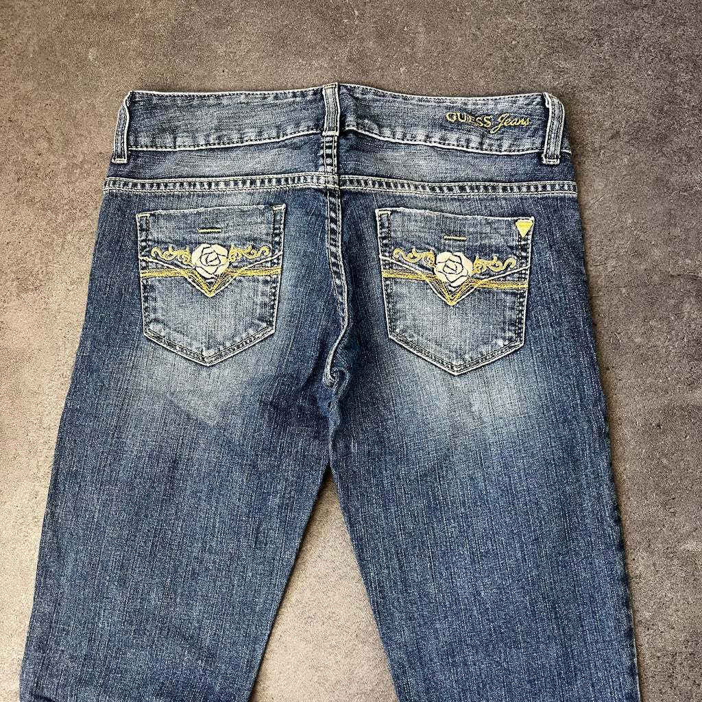 Vintage Guess Bootcut Jeans Damen Mittelblau mit Gold-Stickerei – S