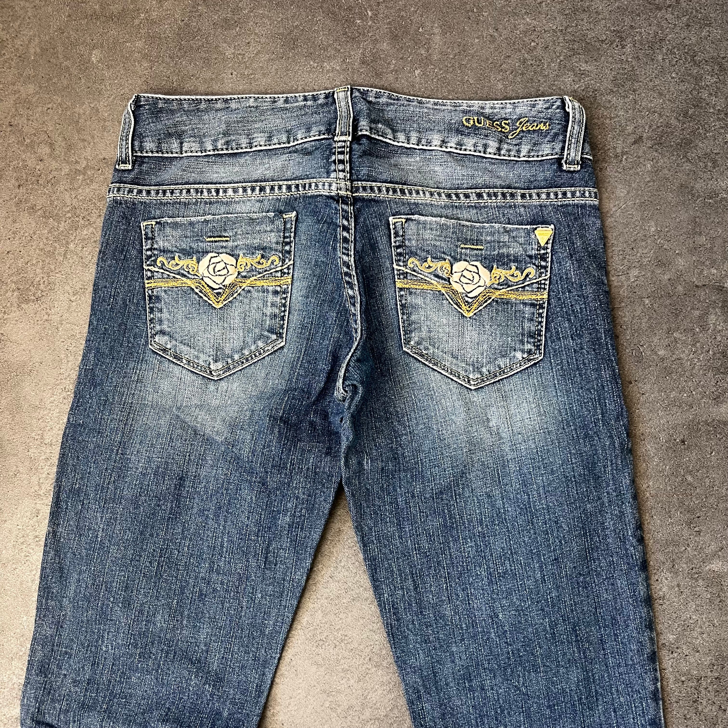 Vintage Guess Bootcut Jeans Damen Mittelblau mit Gold-Stickerei – S