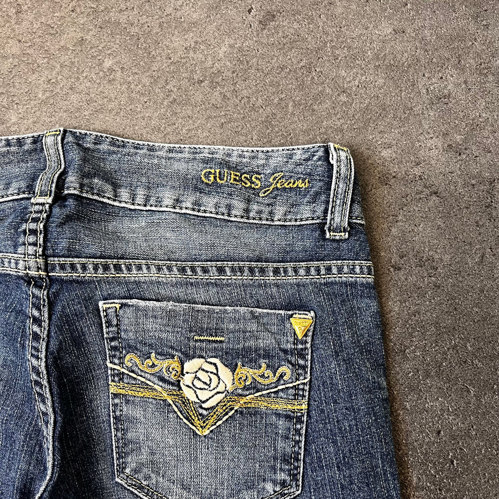 Vintage Guess Bootcut Jeans Damen Mittelblau mit Gold-Stickerei – S