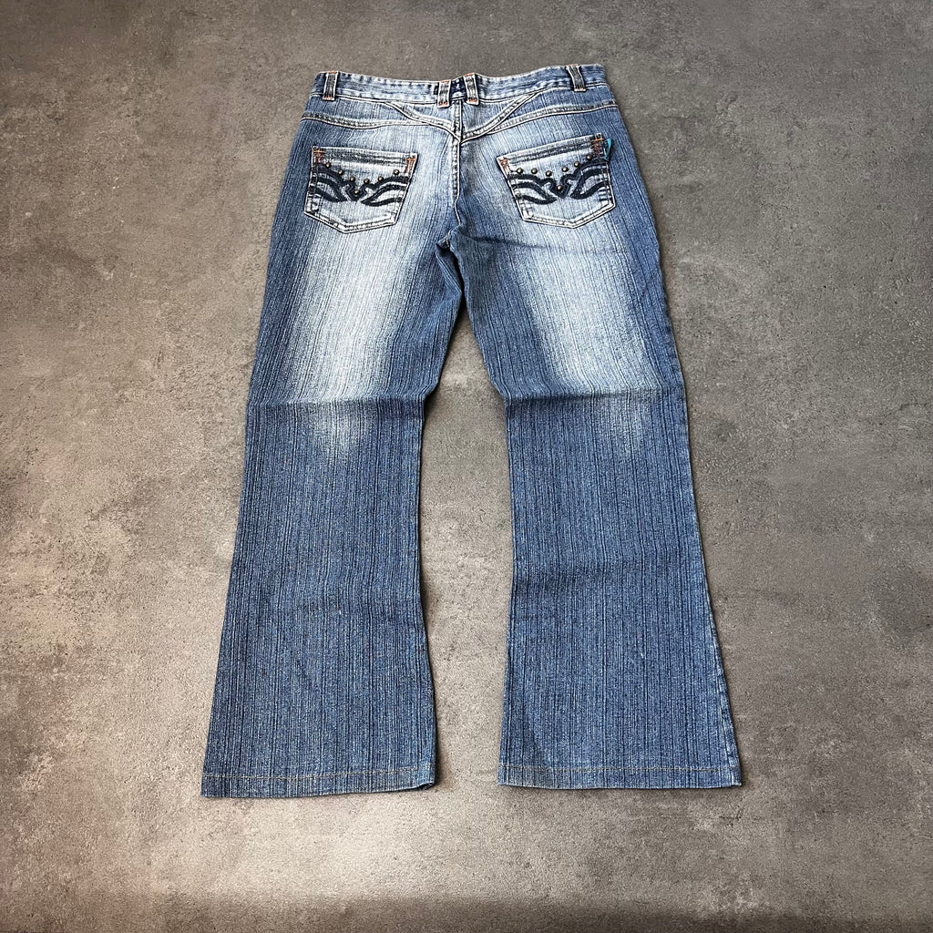 Vintage Japan Style Bootcut Jeans Damen Mittelblau mit Stickerei – S