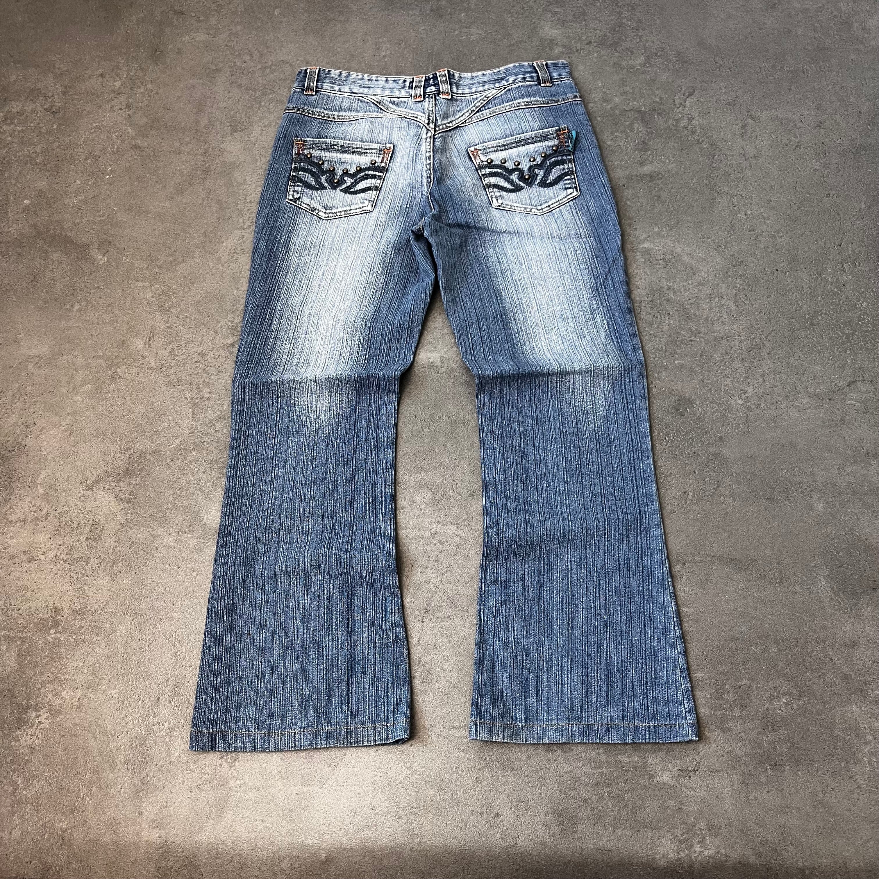 Vintage Japan Style Bootcut Jeans Damen Mittelblau mit Stickerei – S