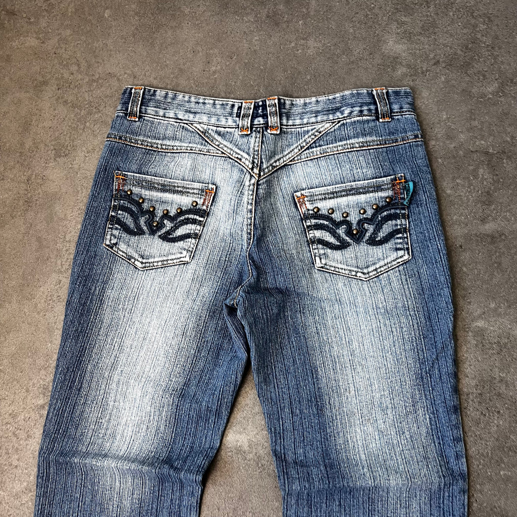 Vintage Japan Style Bootcut Jeans Damen Mittelblau mit Stickerei – S