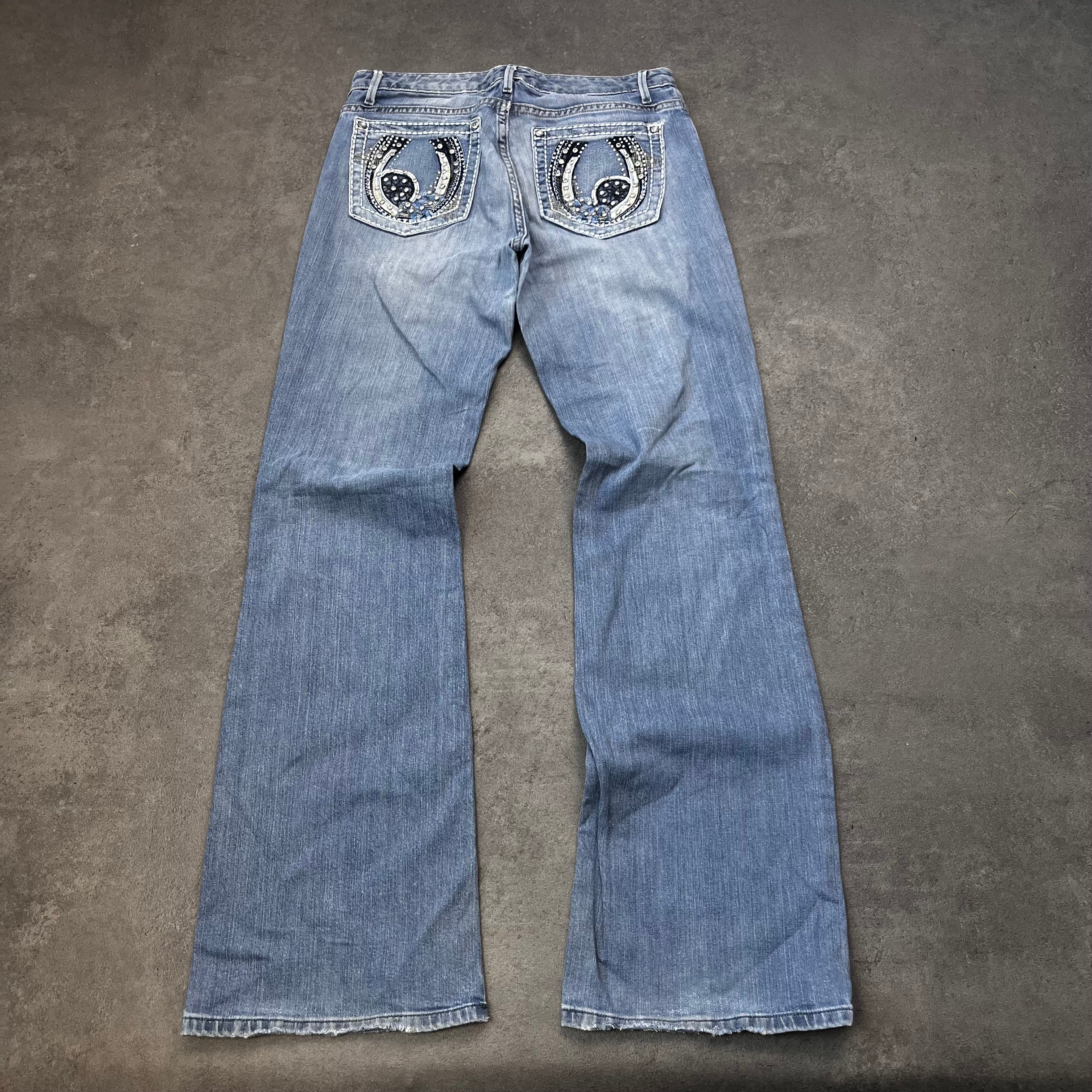 Vintage Y2K Bootcut Jeans Damen Hellblau mit Strass-Stickerei – S