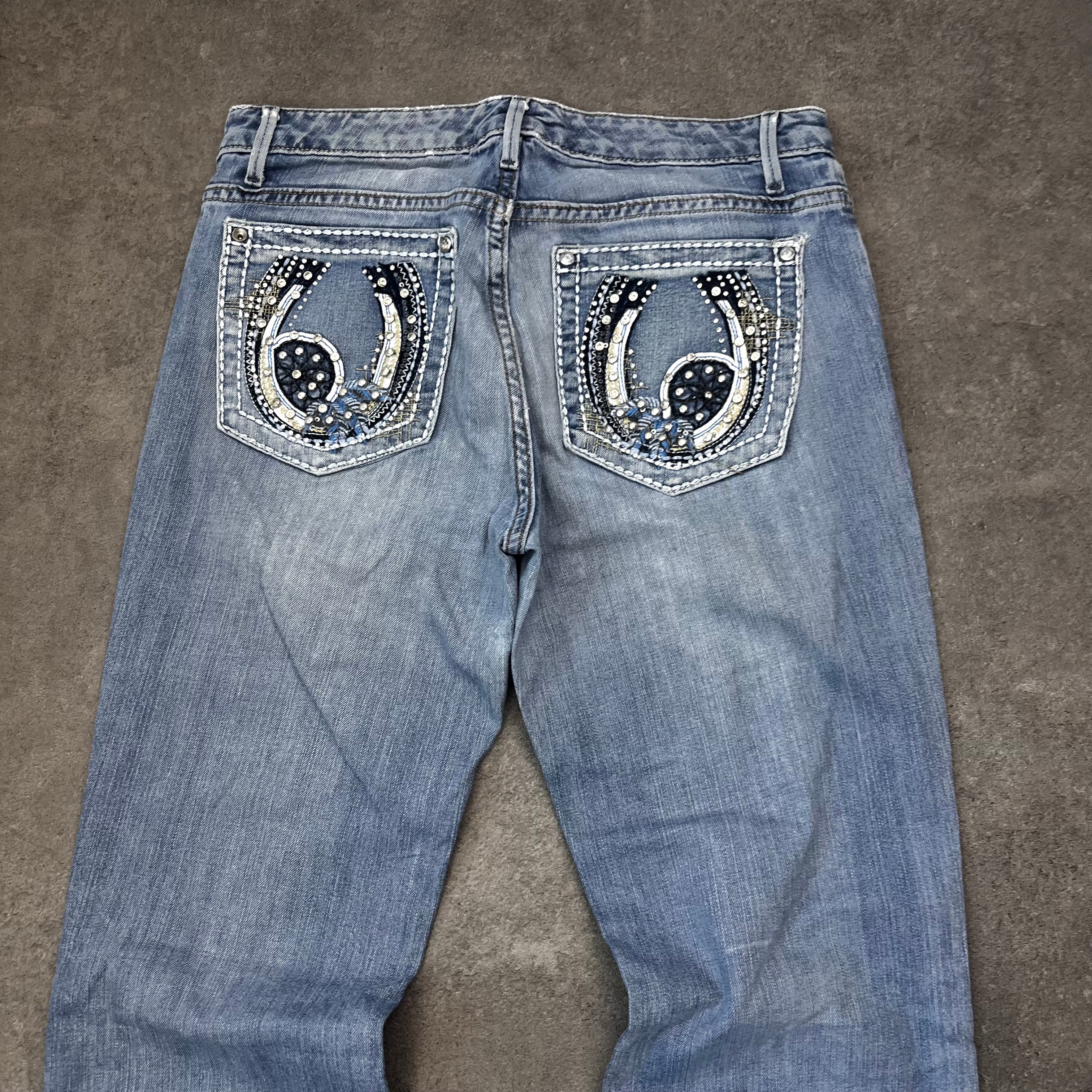 Vintage Y2K Bootcut Jeans Damen Hellblau mit Strass-Stickerei – S