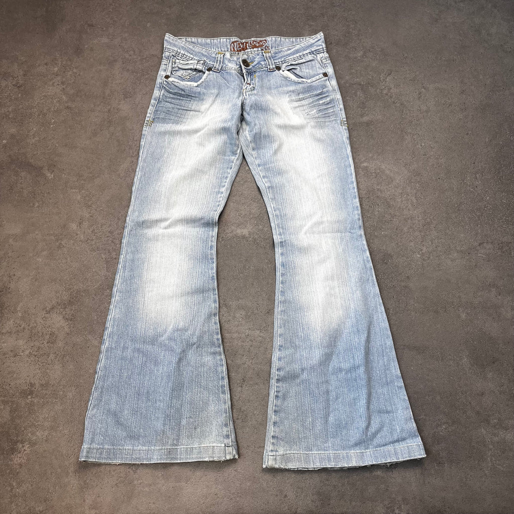 Vintage Y2K Flare Jeans Damen Hellblau Washed mit Stickerei – S