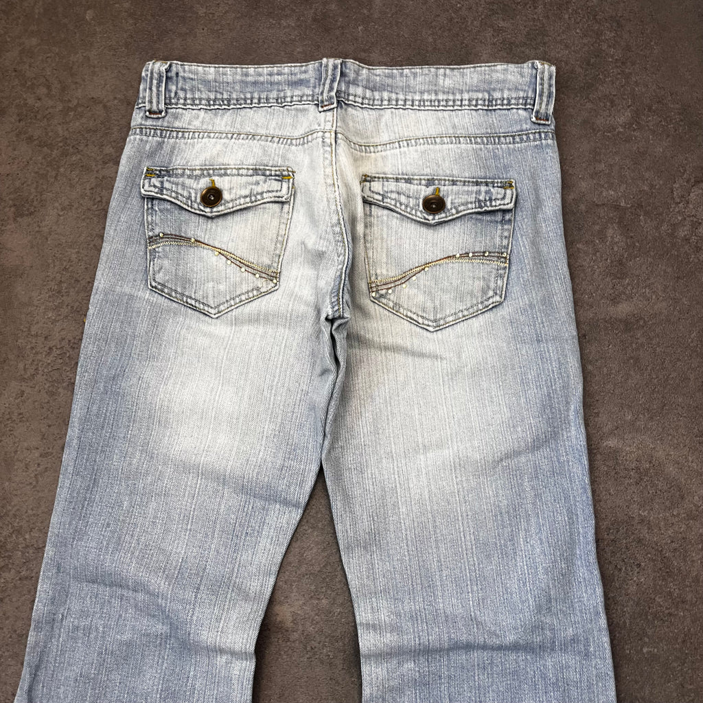 Vintage Y2K Flare Jeans Damen Hellblau Washed mit Stickerei – S